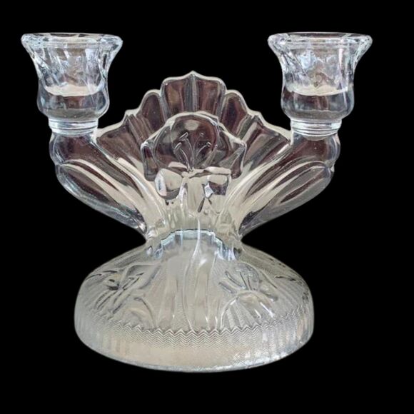 Vintage Art Deco Jeannette Glass Candlestick Holders Iris Herringbone Set of 2 - Picture 2 of 6